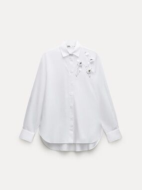 Zara ZW Collection White Blouse Floral Appliqué V Neck Button Down Statement Top